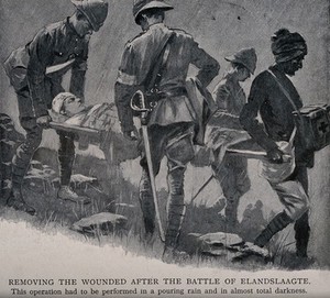 view Boer War: removing the wounded after the Battle of Elandslaagte. Process print after W. Devar.