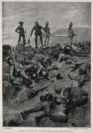 view Boer War: sorting the dead from the wounded at Spion Kop. Process print after A. Forestier after F. Villiers.