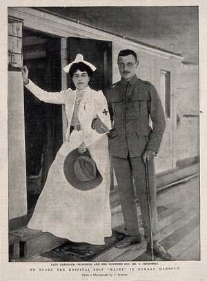 view Boer War: Lady Randolph Churchill and her wounded son. Process print by J. Bowers.