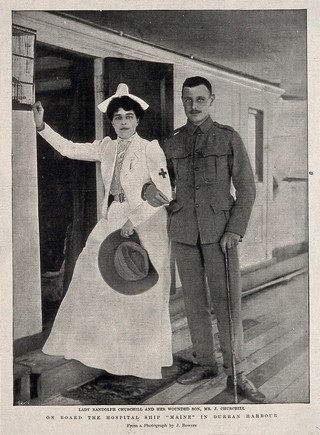 Boer War: Lady Randolph Churchill and her wounded son. Process print by J. Bowers.