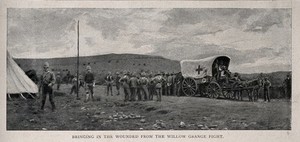 view Boer War: bringing in the wounded the Willow Grange fight. Process print.