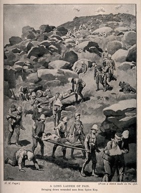 Boer War: bringing the wounded down from Spion Kop. Process print after H.M. Paget after A.E.C..