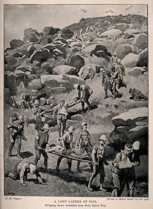 view Boer War: bringing the wounded down from Spion Kop. Process print after H.M. Paget after A.E.C..