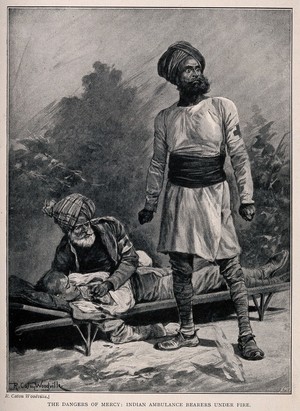 view Boer War: Indian ambulance bearers under fire. Process print after R. Caton Woodville.