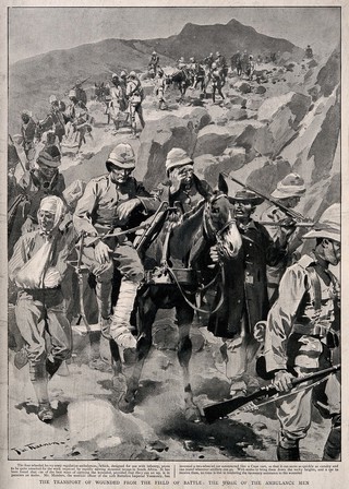 Boer War: showing the work of the ambulance men and transport of the wounded. Process print after F. Theamen?.