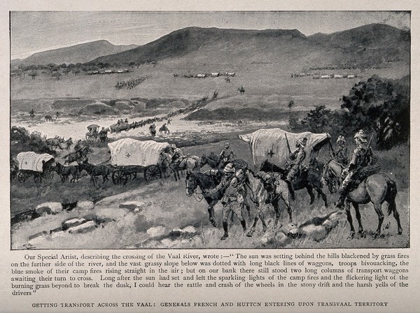 Boer War: English and French ambulance convoys crossing Transvaal territory. Reproduction after a watercolour by G.B.