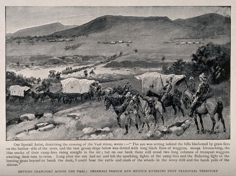 Boer War: English and French ambulance convoys crossing Transvaal territory. Halftone after Gordon Browne after C.E. Fripp., by Charles Edwin Fripp