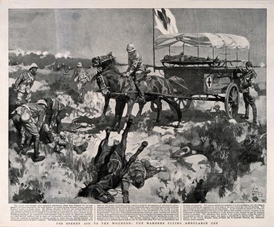 Boer War: collecting the wounded from the battlefield using newly invented ambulance transport. Reproduction after a watercolour by F. Craig.