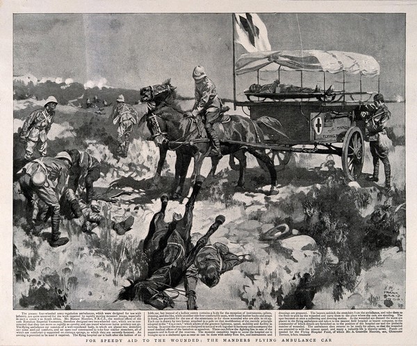Boer War: collecting the wounded from the battlefield using newly invented ambulance transport. Reproduction after a watercolour by F. Craig.