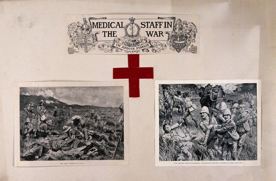 Boer War: the work of the Red Cross and medical staff with coats of arms. Reproduction of watercolours after A. Stewart and J.J. Waugh and wood engraving by A.H. Fisher, 1900.