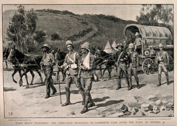 Boer War: wounded soldiers returning to Ladysmith camp after a battle. Reproduction after a watercolour by F. Dadd after photograph.