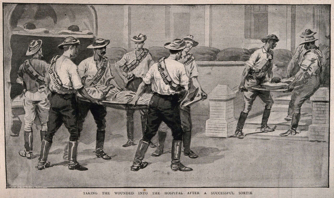 Boer War: ambulance men taking the wounded into hospital at the entrance. Reproduction after a watercolour., by Stacey Q