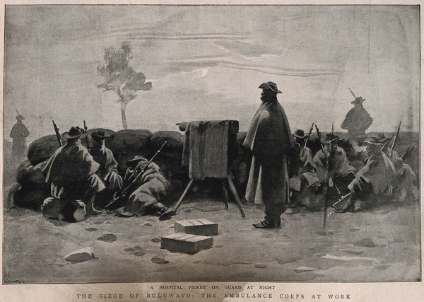 Boer War: hospital picket on the guard at night. Reproduction of a watercolour.