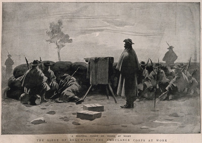 Boer War: hospital picket on the guard at night. Reproduction of a watercolour., by Stacey Q