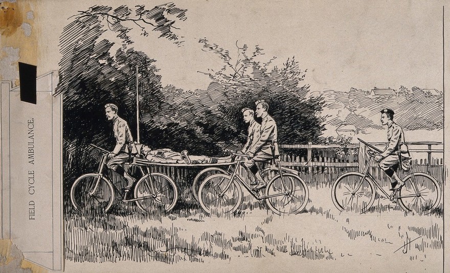 Boer War: field cycle ambulance. Pen and ink drawing.