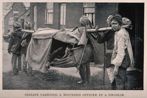 view Boer War: Indians carrying a wounded soldier in a dhoolie. Process print.