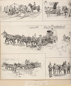 view Boer War: five sketches of the ambulance service and Langman Field Hospital within the Orange River Colony. Pen and ink drawing by Oliver Paque, 1900.