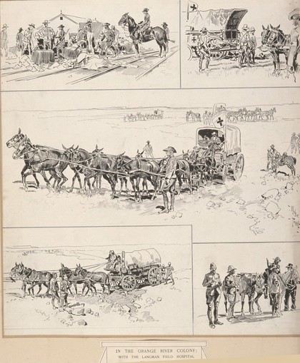 Boer War: five sketches of the ambulance service and Langman Field Hospital within the Orange River Colony. Pen and ink drawing by Oliver Paque, 1900.