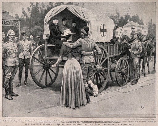 Boer War: a nurse helping invalids to an ambulance for transfer to Maritzburg from Ladysmith. Reproduction after a drawing by F. Dadd after W.T. Maud.