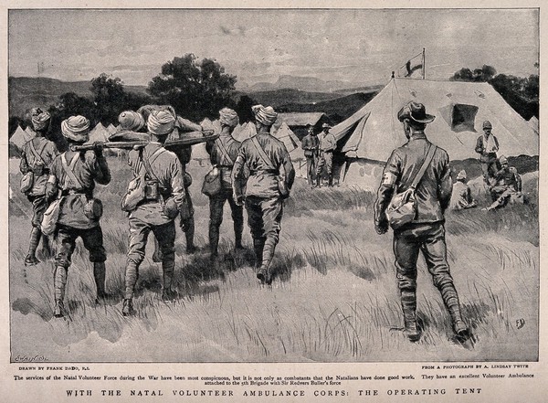 Boer War: the work of the Natal volunteer ambulance force. Reproduction after a photograph by A.L. Twite after F. Dadd.