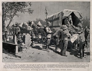 view Boer War: sick and wounded soldiers arriving at Modder River Camp. Reproduction after a sketch by F. de Haenen after R. Thiele.