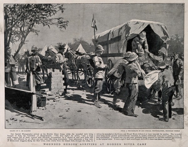 Boer War: sick and wounded soldiers arriving at Modder River Camp. Reproduction after a sketch by F. de Haenen after R. Thiele.