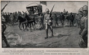 view Boer War: bringing in the wounded after Magersfontein. Reproduction after a photograph by F.S. Spence after Captain Ferguson.