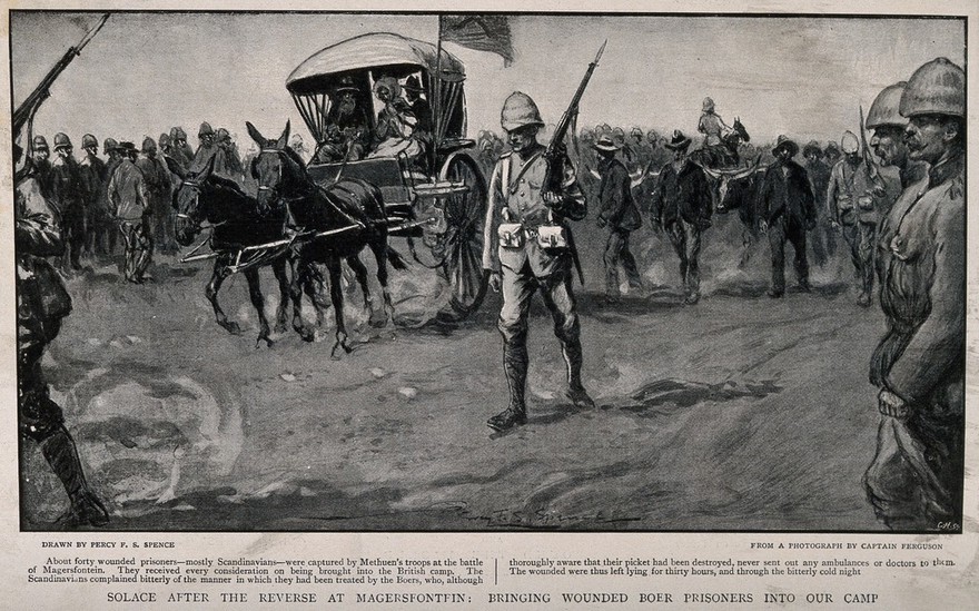 Boer War: bringing in the wounded Boer prisoners of war after the Battle of Magersfontein. Halftone by C.H. after P.F.S. Spence after Captain Ferguson.