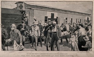 view Boer War: Red Cross ambulance cars at Pretoria station for the wounded Boers. Reproduction after a sketch by G. Soper after Leoff.