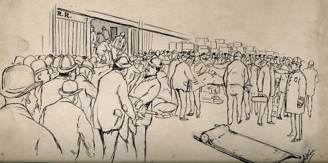Boer War: arrival of the sick and wounded at Grand Central Freight Depot for transportation. Pen and ink drawing by A. Weil.