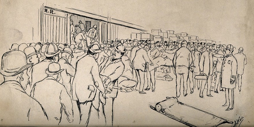 Boer War: arrival of the sick and wounded at Grand Central Freight Depot for transportation. Pen and ink drawing by A. Weil.