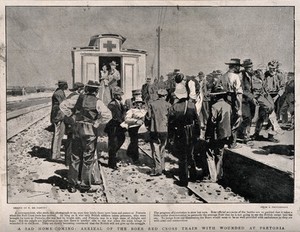 view Boer War: arrival of a Boer Red Cross train with the wounded at Pretoria. Reproduction of a sketch by F. de Haenen after a photograph.