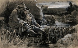 view Boer War: wounded soldiers awaiting for medical help in the cold and damp. Watercolour by L. Calkin, 1899.