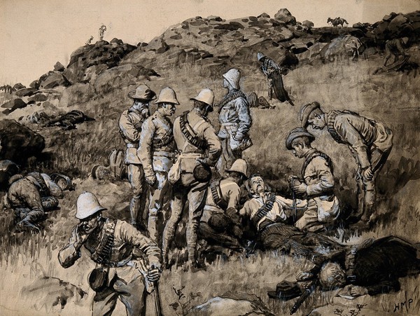 Boer War: British soldiers tending wounded Boers in an early stage of the Battle of Spion Kop. Watercolour by H.M. Paget, 1900.