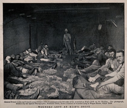 Boer War: wounded soldiers being tended at Klip's Drift. Process print after R. Thiele.