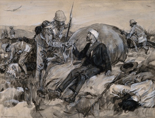 Boer Wars: British soldiers bringing first aid to wounded Boers. Watercolour by W. Hatherell, 1901.