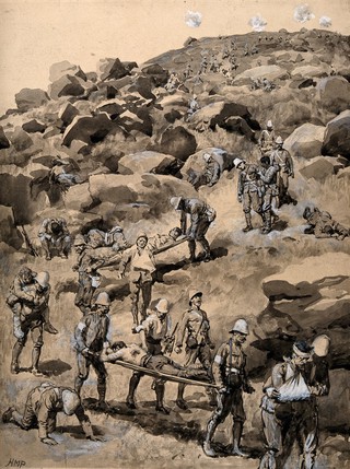 Boer War: removing the wounded after the Battle of Spion Kop. Brush and wash drawing by H.M.Paget, 1900, after A.E.C.