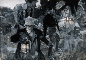 view Boer War: searching for the wounded from the battlefield at night. Watercolour sketch by F. Craig, 1899.