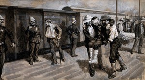 view Boer War: wounded soldiers arriving at Pretoria train station after Modder Spuit. Watercolour sketch, 1900.