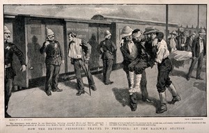 view Boer War: British wounded prisoners and the Boer wounded arriving at Pretoria station. Process print after F.C. Dickinson after a photograph.