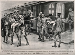 view Boer War: Red Cross hospital train arriving at Durban. Process print by C.H. after F.C. Harrison after F. Dadd, 1899.