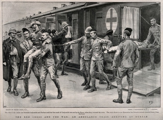 Boer War: Red Cross hospital train arriving at Durban. Process print by C.H. after F.C. Harrison after F. Dadd, 1899.