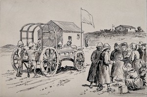 view Boer War: hospital camp treating patients. Pen and ink drawing.