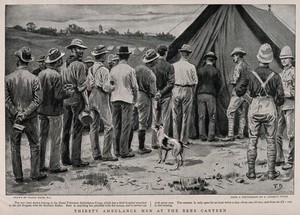 view Boer War: thirsty ambulance men queuing up at a beer tent. Process print by Swain after F. Dadd after A. Lindsay Twite.