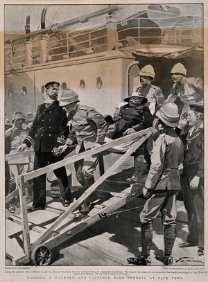 view Boer War: a wounded Boer General prisoner being taken off the ship at Cape Town. Process print after F. de Haenen after Fyne.