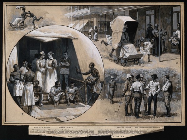 English hospital in Beira, Mozambique: staff, patients and the Lady Superintendent, Mrs. Goodman. Ink wash and gouache drawing by F. C. Dickinson, 1901, after E. Watts.