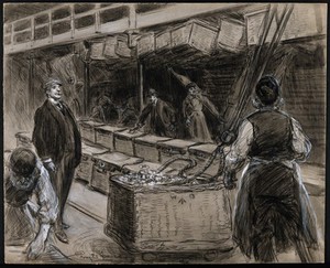 view Boer War: a busy field hospital storeroom with baskets of Red Cross medical supplies. Charcoal drawing by P. Spence.