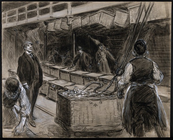 Boer War: a busy field hospital storeroom with baskets of Red Cross medical supplies. Charcoal drawing by P.F.S. Spence.