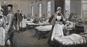 view Boer War: a full ward in the military hospital at Wynberg, South Africa, with nurses attending the wounded. Pen and ink drawing by P.F.S. Spence, c.1900, after H. Egersdorfer.