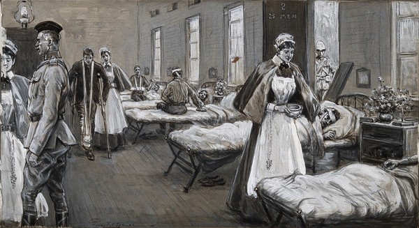 Boer War: a full ward in the military hospital at Wynberg, South Africa, with nurses attending the wounded. Pen and ink drawing by P.F.S. Spence, c.1900, after H. Egersdorfer.